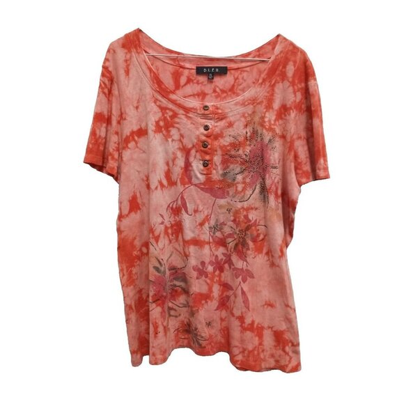 Bleu Womens T-Shirt Size XL Coral Tie Dye Floral Rhinestones Short Sleeve Tee - Picture 1 of 7